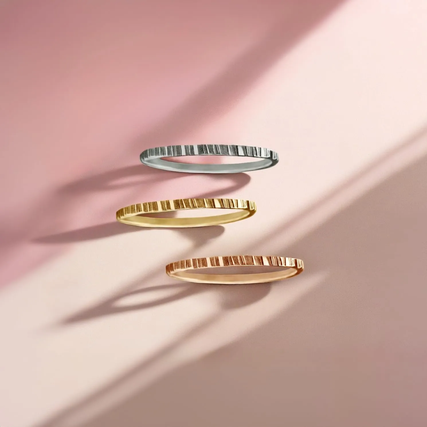Trio of Rugged Stacking Rings | Set of 3 Mixed Metal Hammered Thin Skinny Ring Bands | Silver, Gold, Rose Gold | Lined Striped Stackable (5)