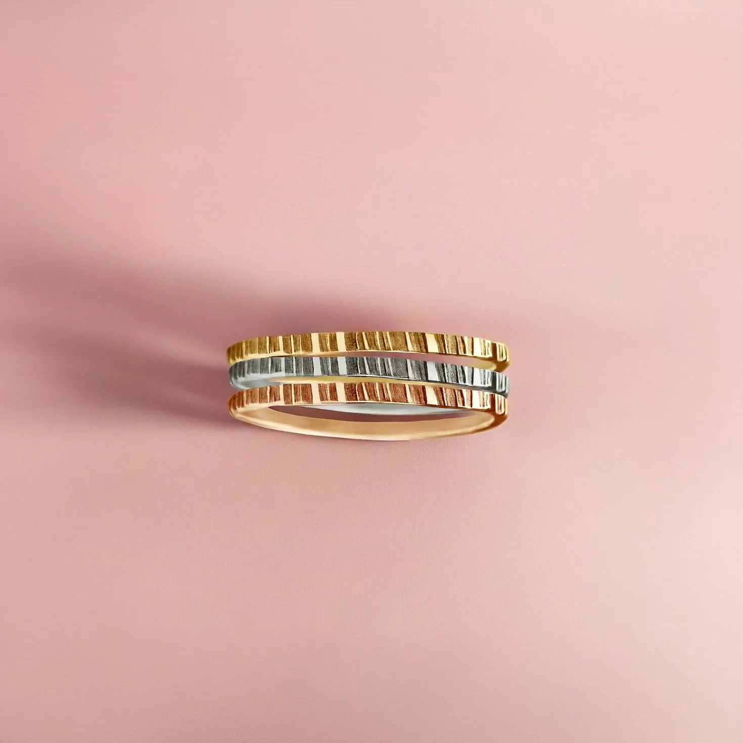 Trio of Rugged Stacking Rings | Set of 3 Mixed Metal Hammered Thin Skinny Ring Bands | Silver, Gold, Rose Gold | Lined Striped Stackable (5)