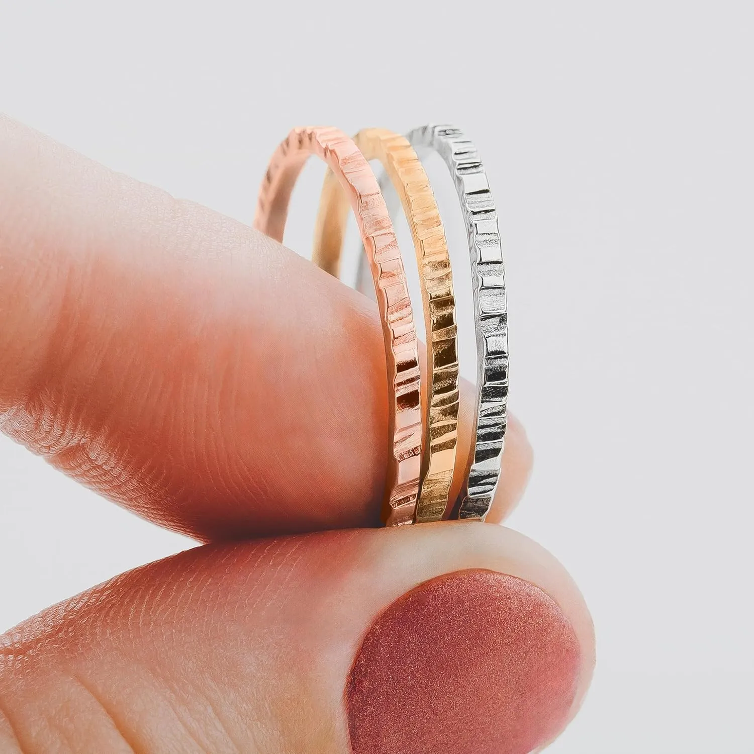 Trio of Rugged Stacking Rings | Set of 3 Mixed Metal Hammered Thin Skinny Ring Bands | Silver, Gold, Rose Gold | Lined Striped Stackable (5)