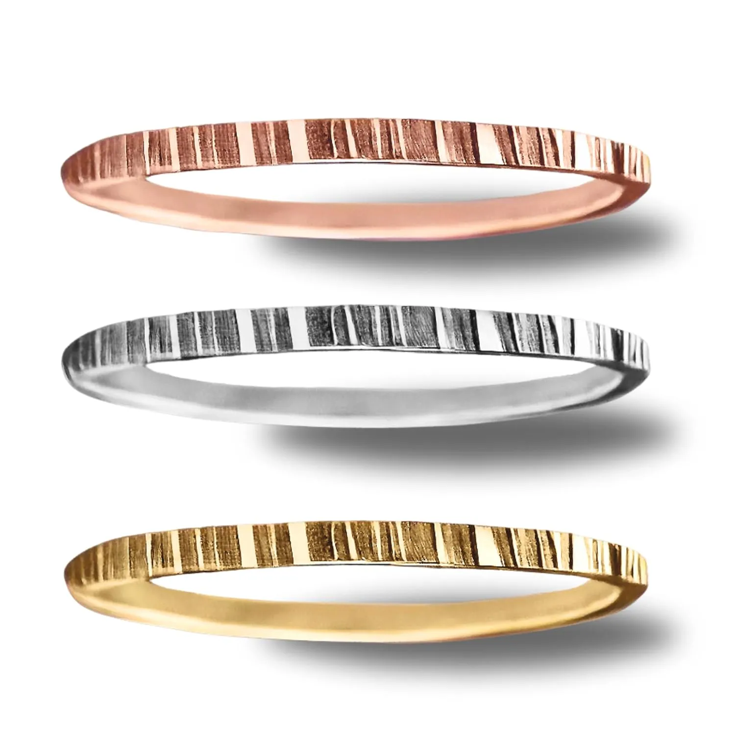 Trio of Rugged Stacking Rings | Set of 3 Mixed Metal Hammered Thin Skinny Ring Bands | Silver, Gold, Rose Gold | Lined Striped Stackable (5)