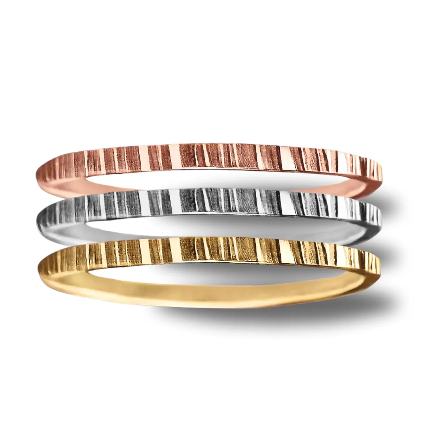 Trio of Rugged Stacking Rings | Set of 3 Mixed Metal Hammered Thin Skinny Ring Bands | Silver, Gold, Rose Gold | Lined Striped Stackable (5)