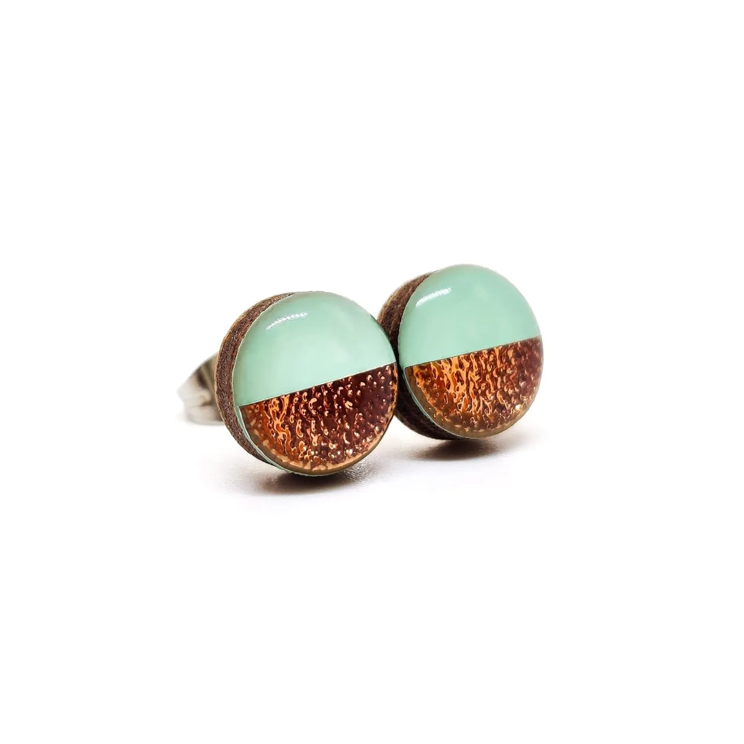 Two Toned with Faux Hammered Metal 10mm Stud Earrings, Handmade, Posts for Sensitive Ears Stud for Women Men Girls (Mint and Rose Gold Faux Hammered Metal)