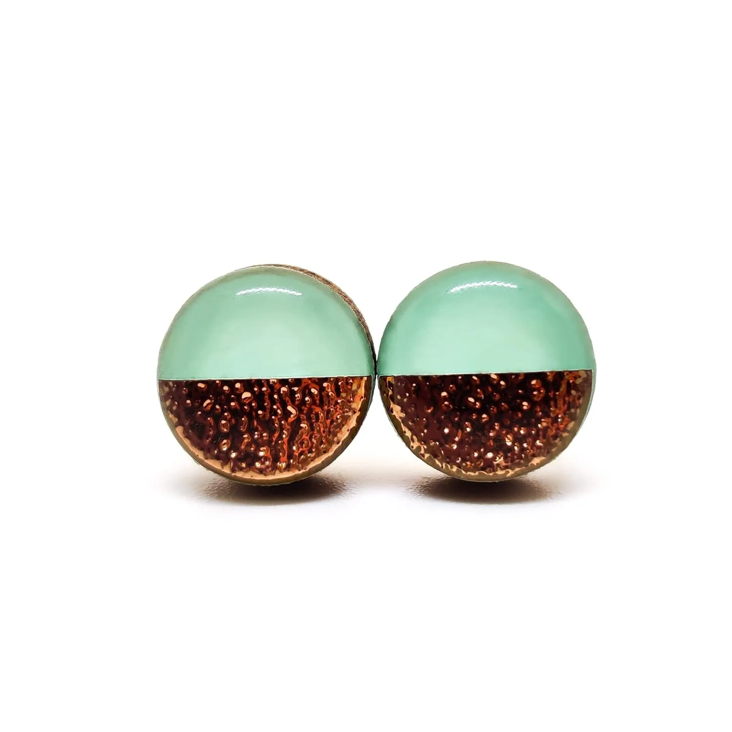Two Toned with Faux Hammered Metal 10mm Stud Earrings, Handmade, Posts for Sensitive Ears Stud for Women Men Girls (Mint and Rose Gold Faux Hammered Metal)