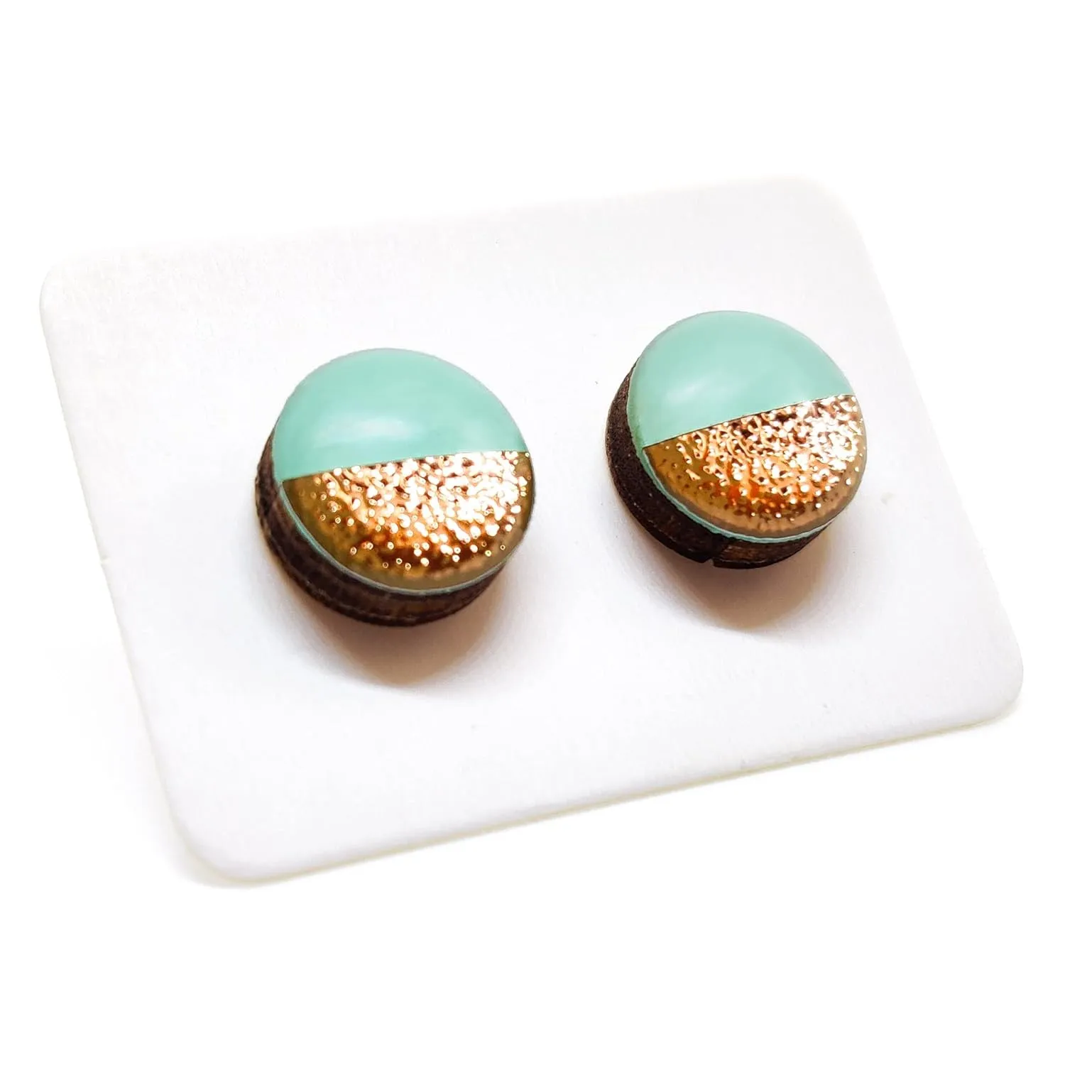 Two Toned with Faux Hammered Metal 10mm Stud Earrings, Handmade, Posts for Sensitive Ears Stud for Women Men Girls (Mint and Rose Gold Faux Hammered Metal)
