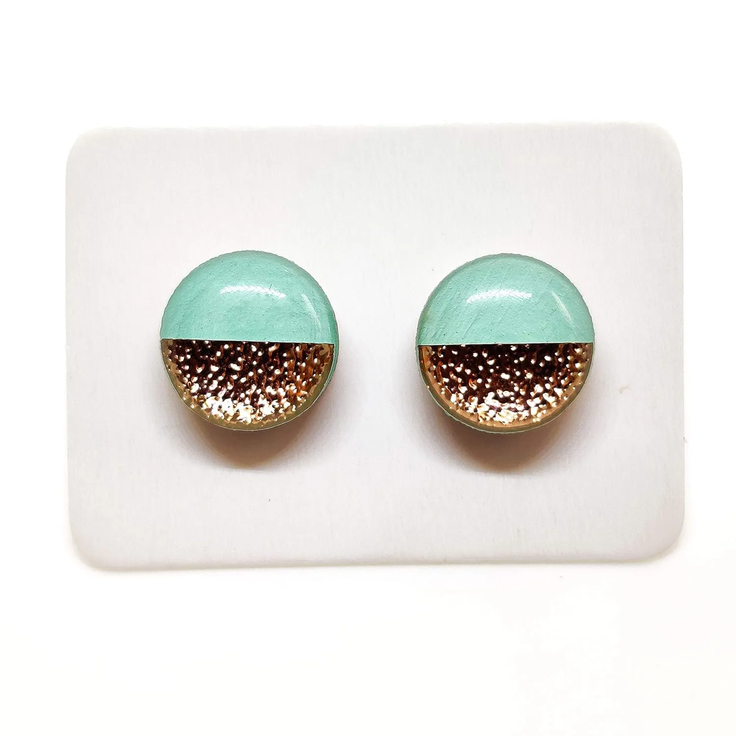 Two Toned with Faux Hammered Metal 10mm Stud Earrings, Handmade, Posts for Sensitive Ears Stud for Women Men Girls (Mint and Rose Gold Faux Hammered Metal)