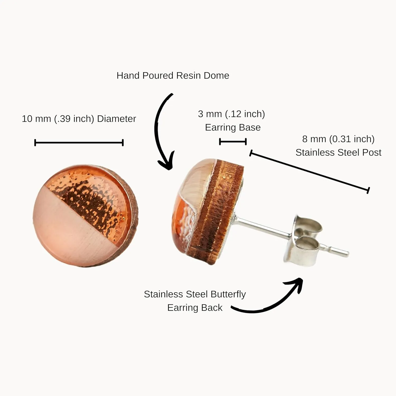 Two Toned with Faux Hammered Metal 10mm Stud Earrings, Handmade, Posts for Sensitive Ears Stud for Women Men Girls (Mint and Rose Gold Faux Hammered Metal)