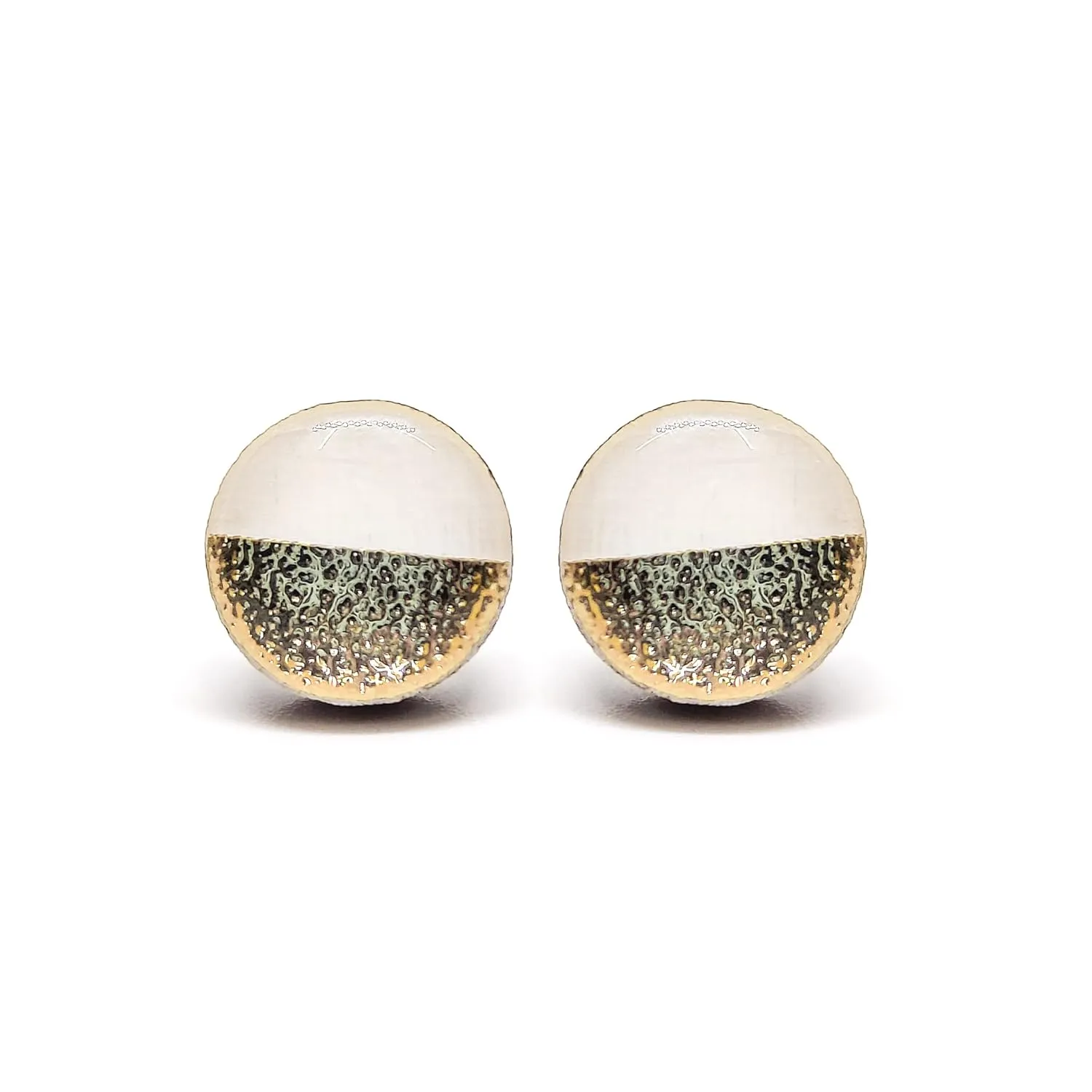 Two Toned with Faux Hammered Metal 10mm Stud Earrings, Handmade, Posts for Sensitive Ears Studs for Women Men Girls (White and Gold Faux Hammered Metal)