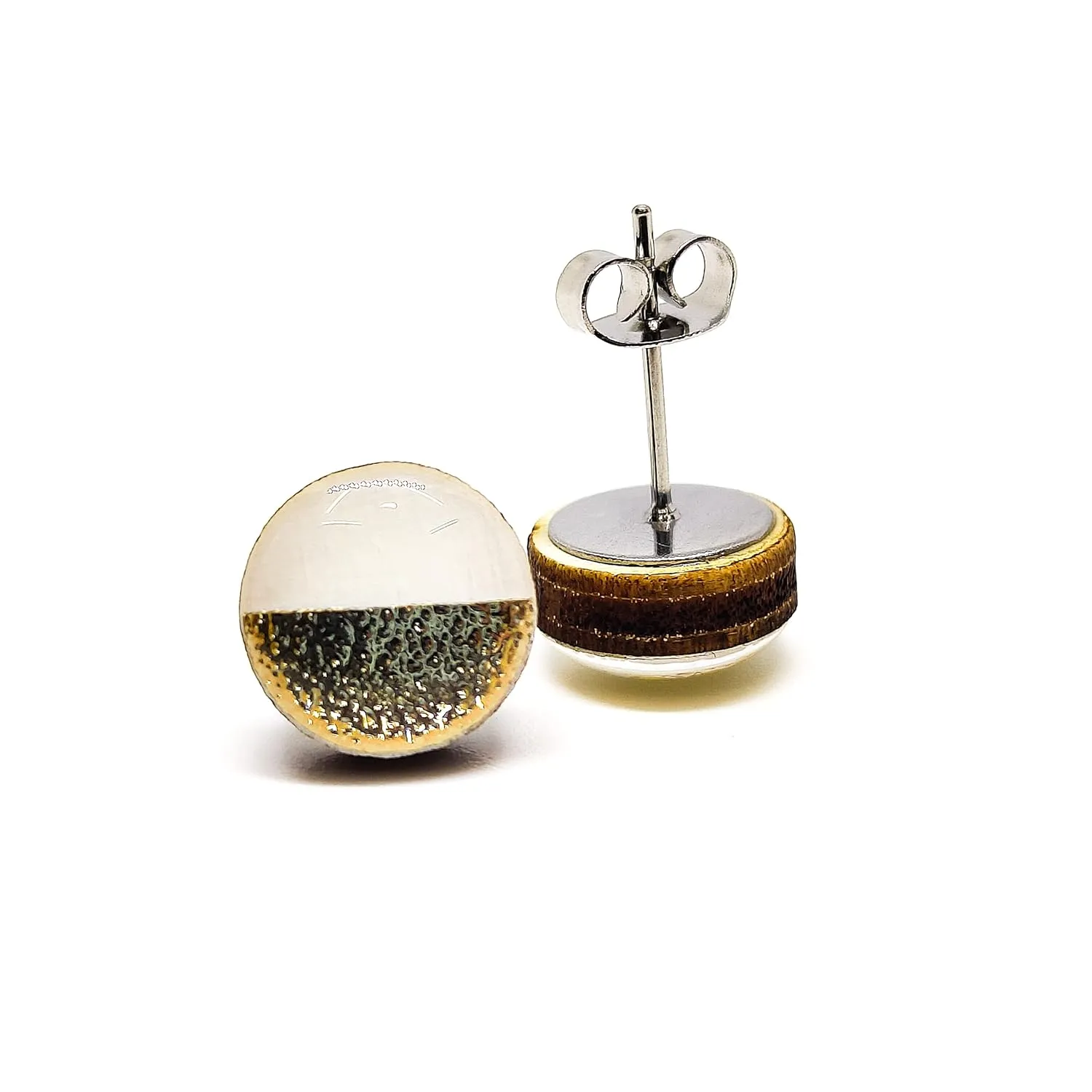 Two Toned with Faux Hammered Metal 10mm Stud Earrings, Handmade, Posts for Sensitive Ears Studs for Women Men Girls (White and Gold Faux Hammered Metal)