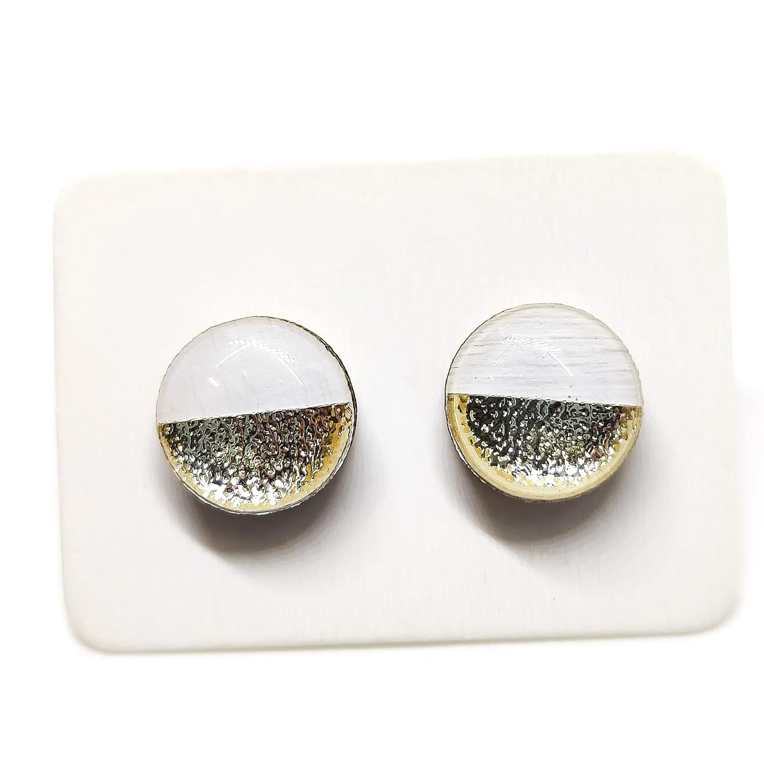 Two Toned with Faux Hammered Metal 10mm Stud Earrings, Handmade, Posts for Sensitive Ears Studs for Women Men Girls (White and Gold Faux Hammered Metal)