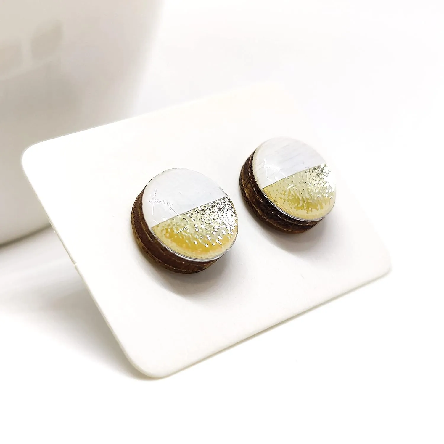 Two Toned with Faux Hammered Metal 10mm Stud Earrings, Handmade, Posts for Sensitive Ears Studs for Women Men Girls (White and Gold Faux Hammered Metal)