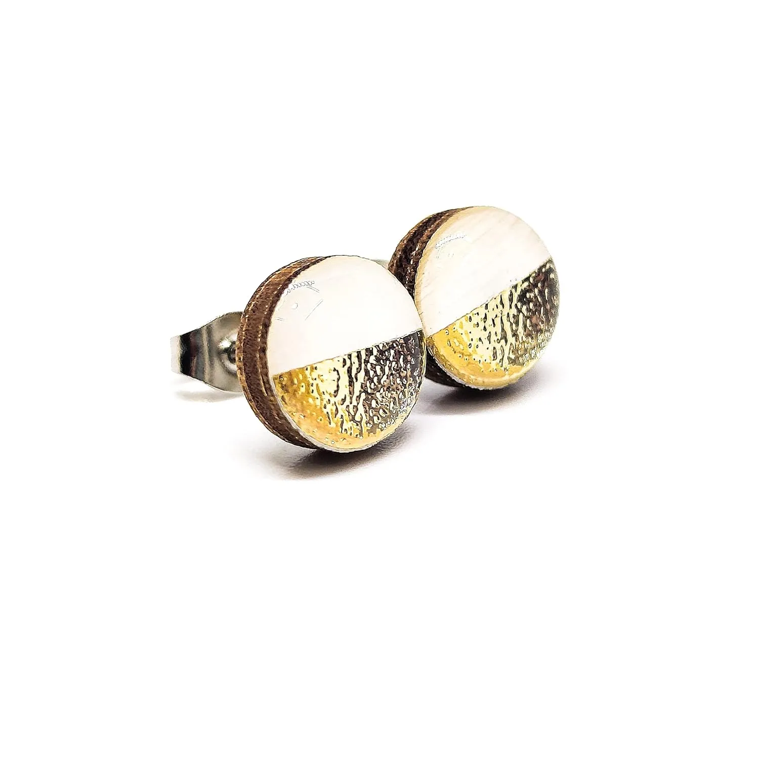 Two Toned with Faux Hammered Metal 10mm Stud Earrings, Handmade, Posts for Sensitive Ears Studs for Women Men Girls (White and Gold Faux Hammered Metal)
