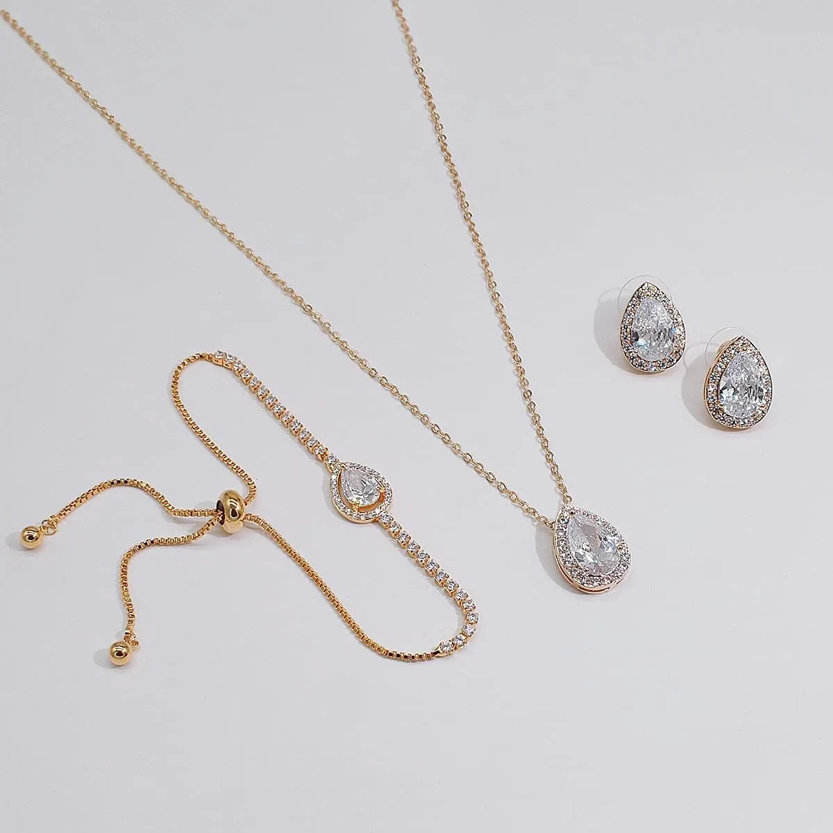 UDYLGOON CZ Tearsdrop Earrings Necklace Jewelry Set For Bride Bridesmaids Bridal Wedding Party Prom Jewelry Gift
