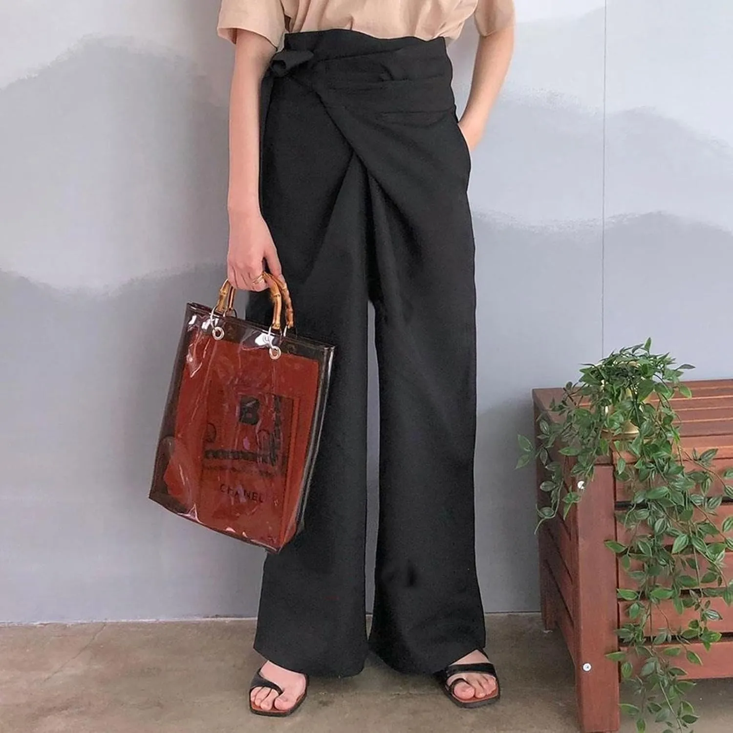 Uillui Dressy Casual Work Pants for Women Fashion Wrap High Waist Lace-Up Slacks Straight Leg Wide Leg Cotton Linen Trousers