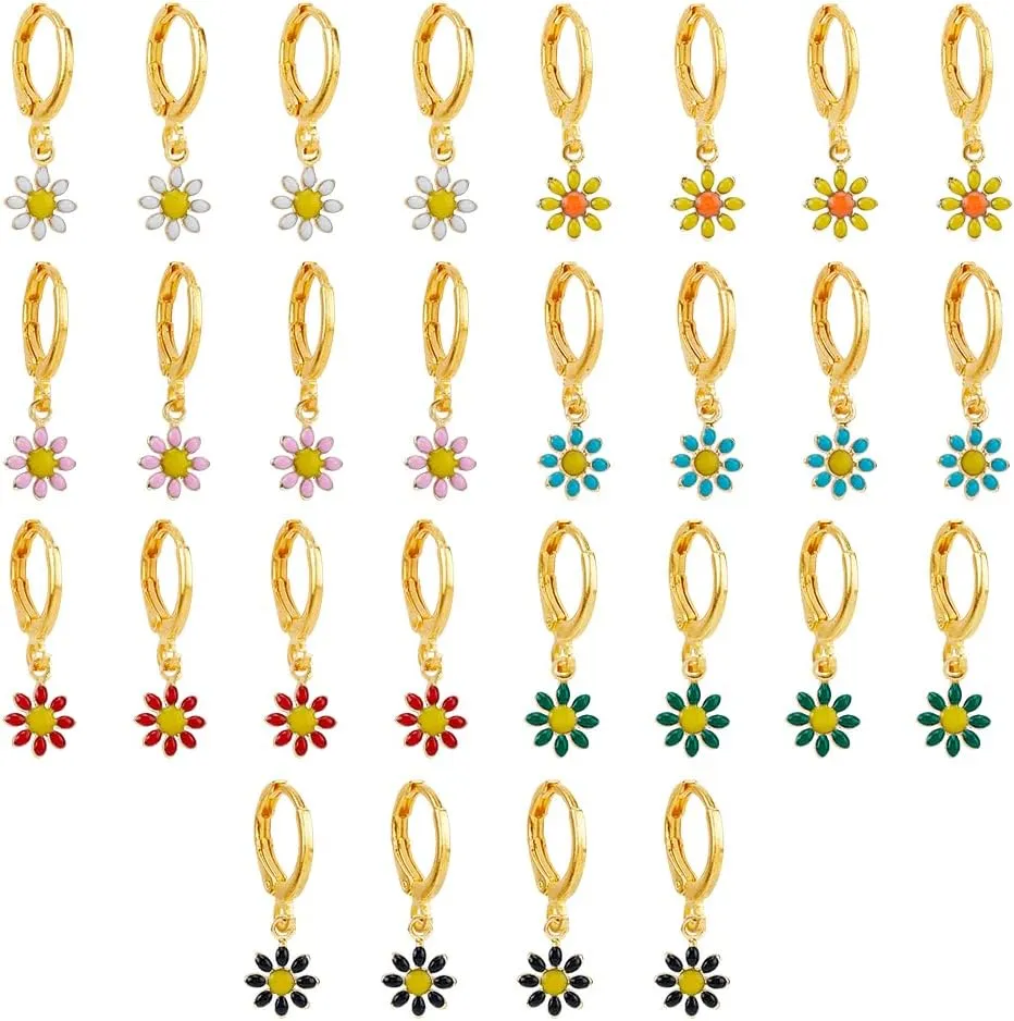UNICRAFTALE 14 Pairs Dangle Hoop Earrings with Flower Charm Mini Huggie Hoop Earrings Hoops Dangle Earring Gold Plated Daisy Drop Earrings Dangle Leverback Earrings Beautiful Gifts for Woman