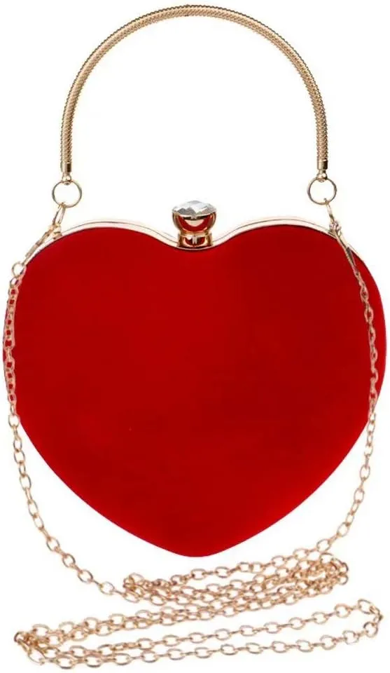Velvet Heart Shape Clutch Purses for Women Evening Party Tote with Shoulder Chain