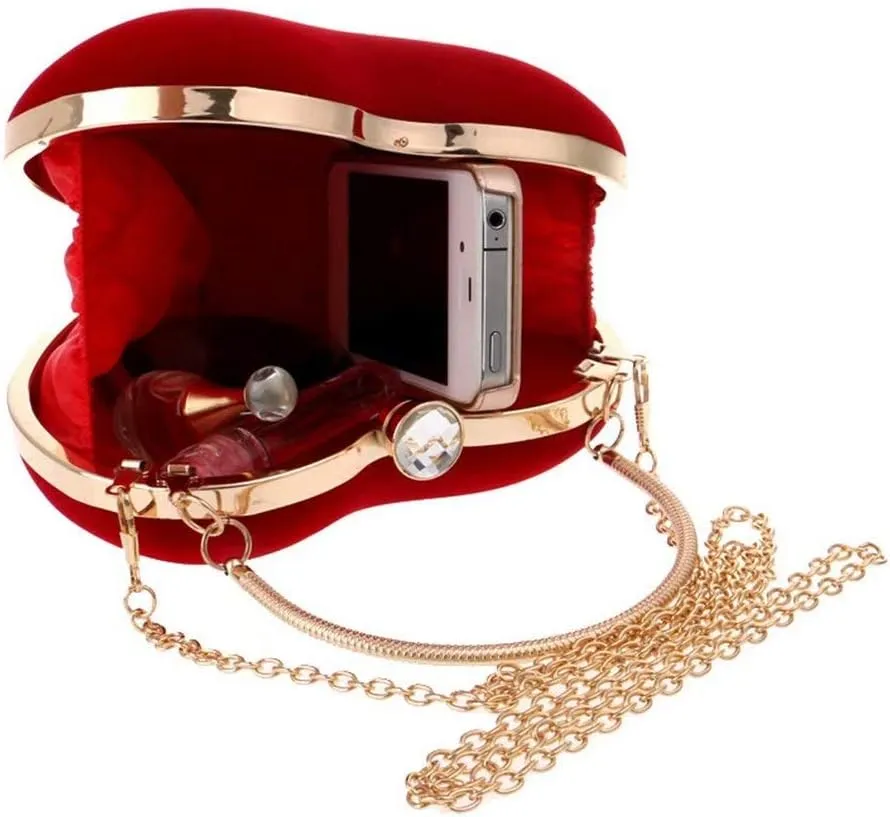 Velvet Heart Shape Clutch Purses for Women Evening Party Tote with Shoulder Chain