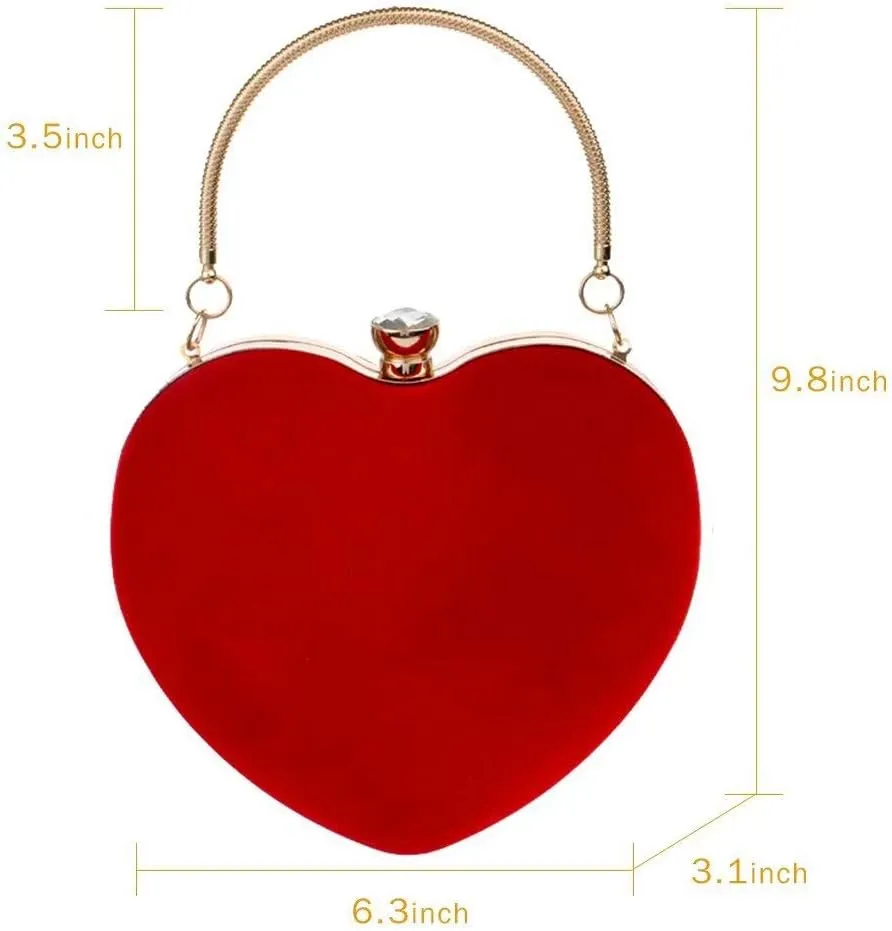 Velvet Heart Shape Clutch Purses for Women Evening Party Tote with Shoulder Chain