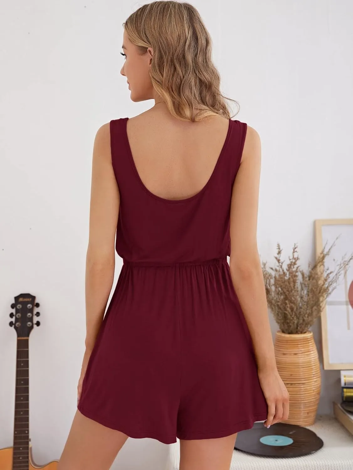 Verdusa Women's Maternity Scoop Neck Button Front High Waist Tank Romper
