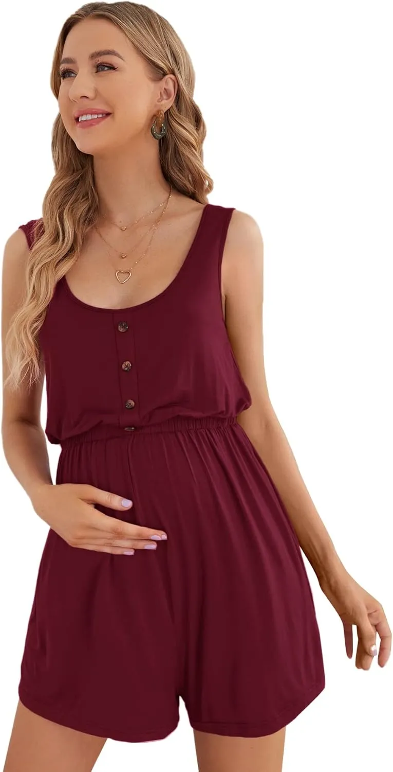 Verdusa Women's Maternity Scoop Neck Button Front High Waist Tank Romper
