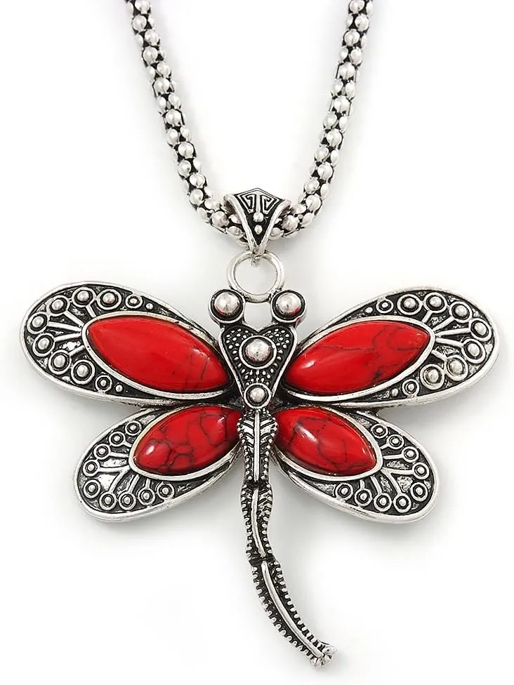 Vintage Hammered Butterfly Pendant On Mesh Chain (Red/Burn Silver) - 44cm Length/ 6cm Extension