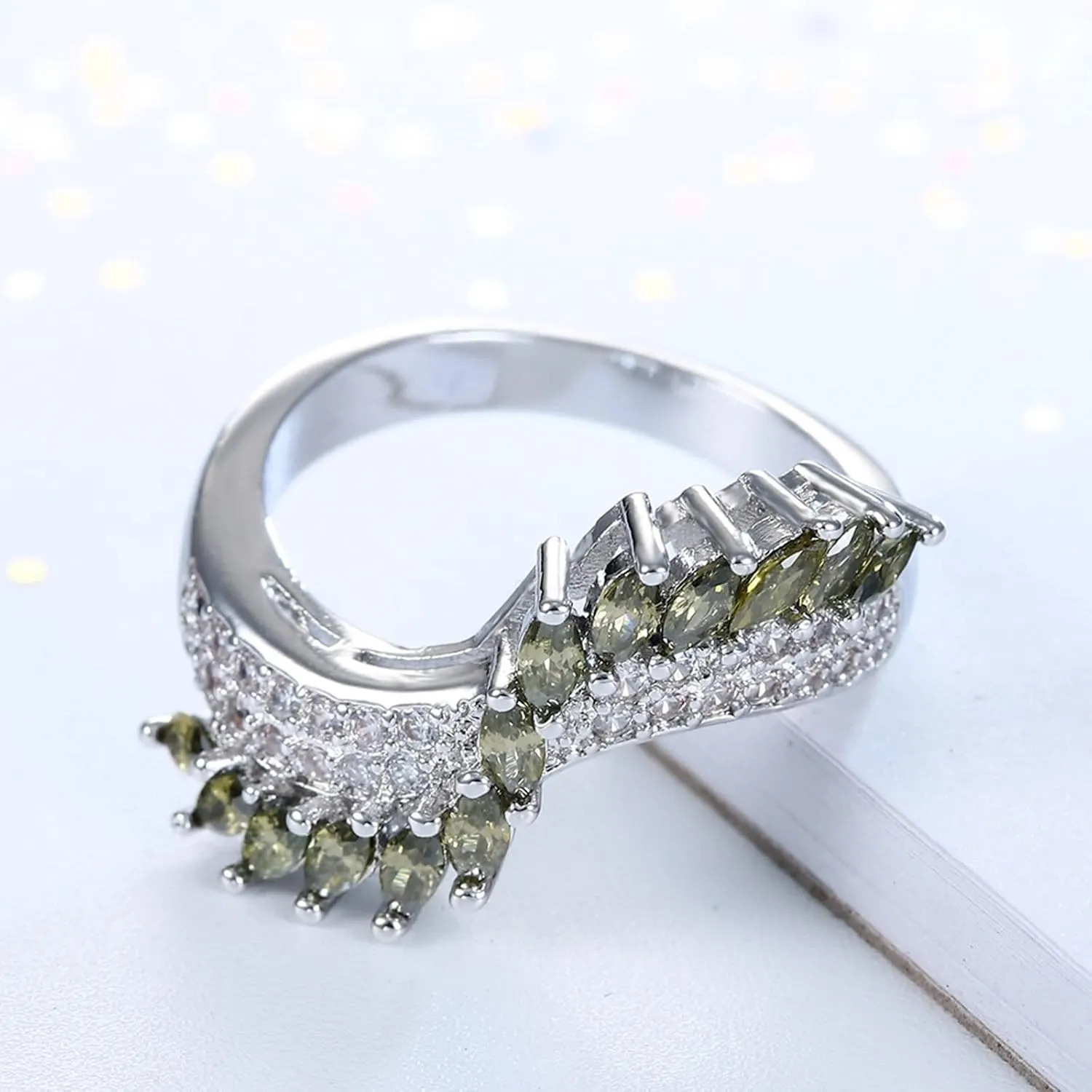 Vintage Jewelry Rings, Ring for Women Promise Elegant Wavy Cubic Zirconia Green Jewelry Rings for Women
