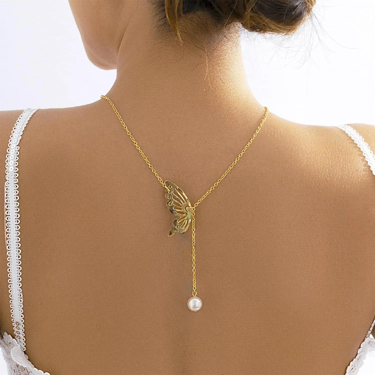 Vintage Pearl Backdrop Necklace Boho Butterfly Body Chain Short Back Chain Pendant Wing Choker Necklace Party Prom Jewelry for Women and Girls Gifts