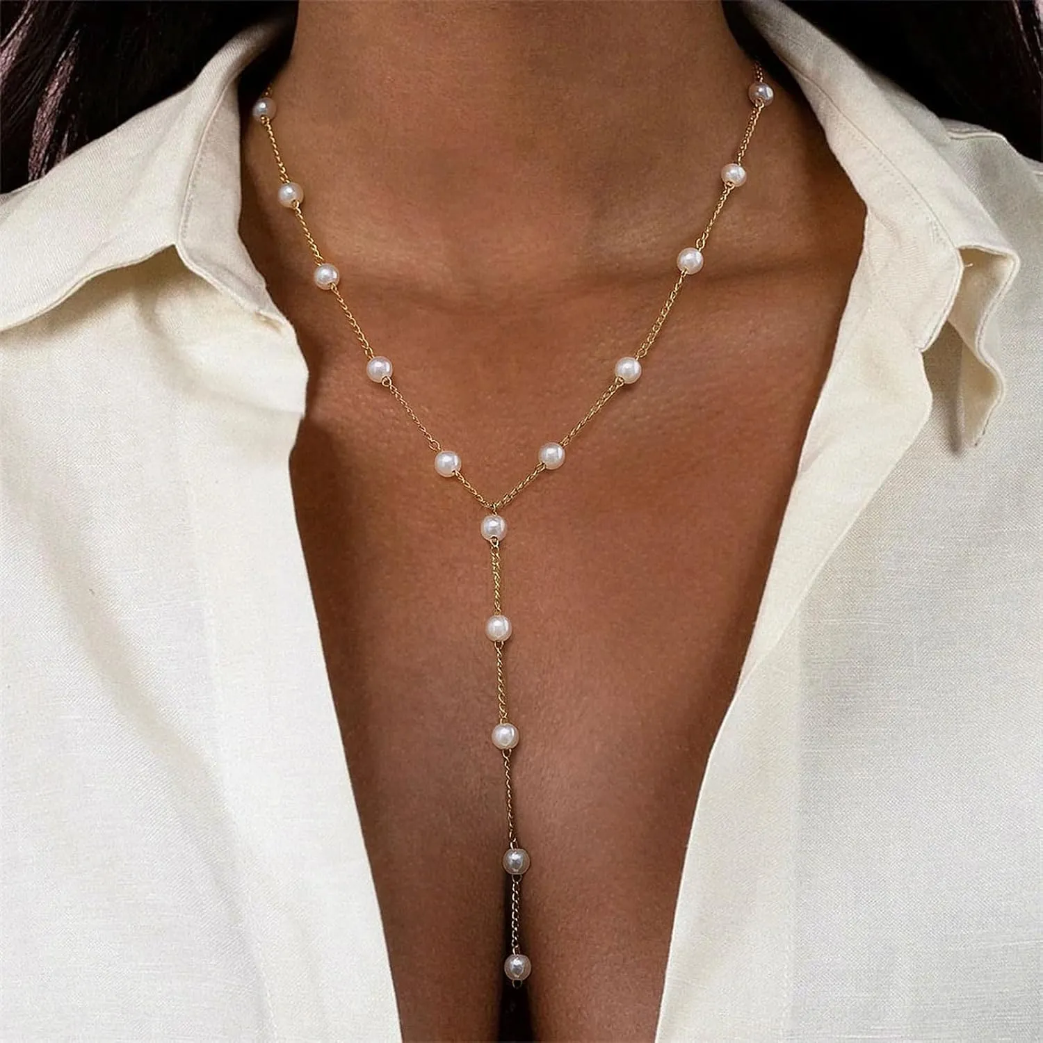 VRIUA Pearl Necklaces for Women - 14k Gold Plated Dainty Gold Pearl Necklace Simple Everyday Minimalist Necklaces for Women