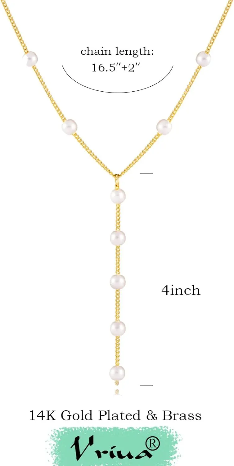 VRIUA Pearl Necklaces for Women - 14k Gold Plated Dainty Gold Pearl Necklace Simple Everyday Minimalist Necklaces for Women