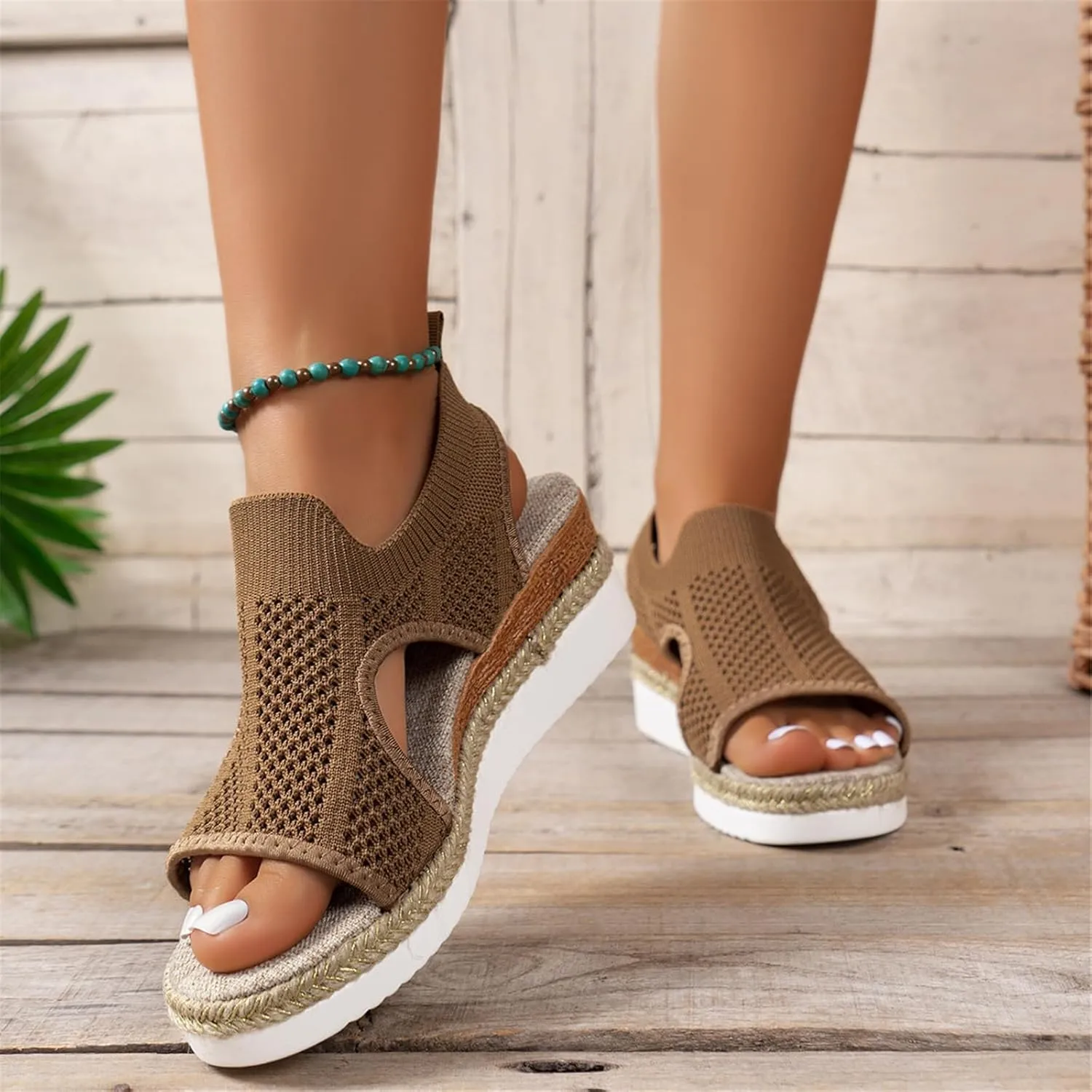 Wedge Sandals for Women Summer Orthopedic Sandals Fish Mouth Knit Mesh Open Toe Sandal, Ankle Strap Slip On Platform Shoes Casual Comfortable Platform Loafers