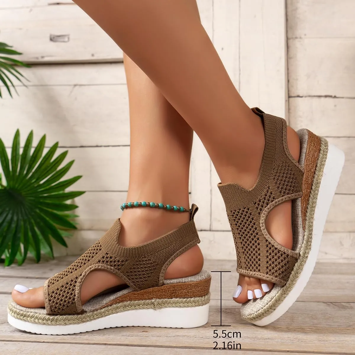 Wedge Sandals for Women Summer Orthopedic Sandals Fish Mouth Knit Mesh Open Toe Sandal, Ankle Strap Slip On Platform Shoes Casual Comfortable Platform Loafers