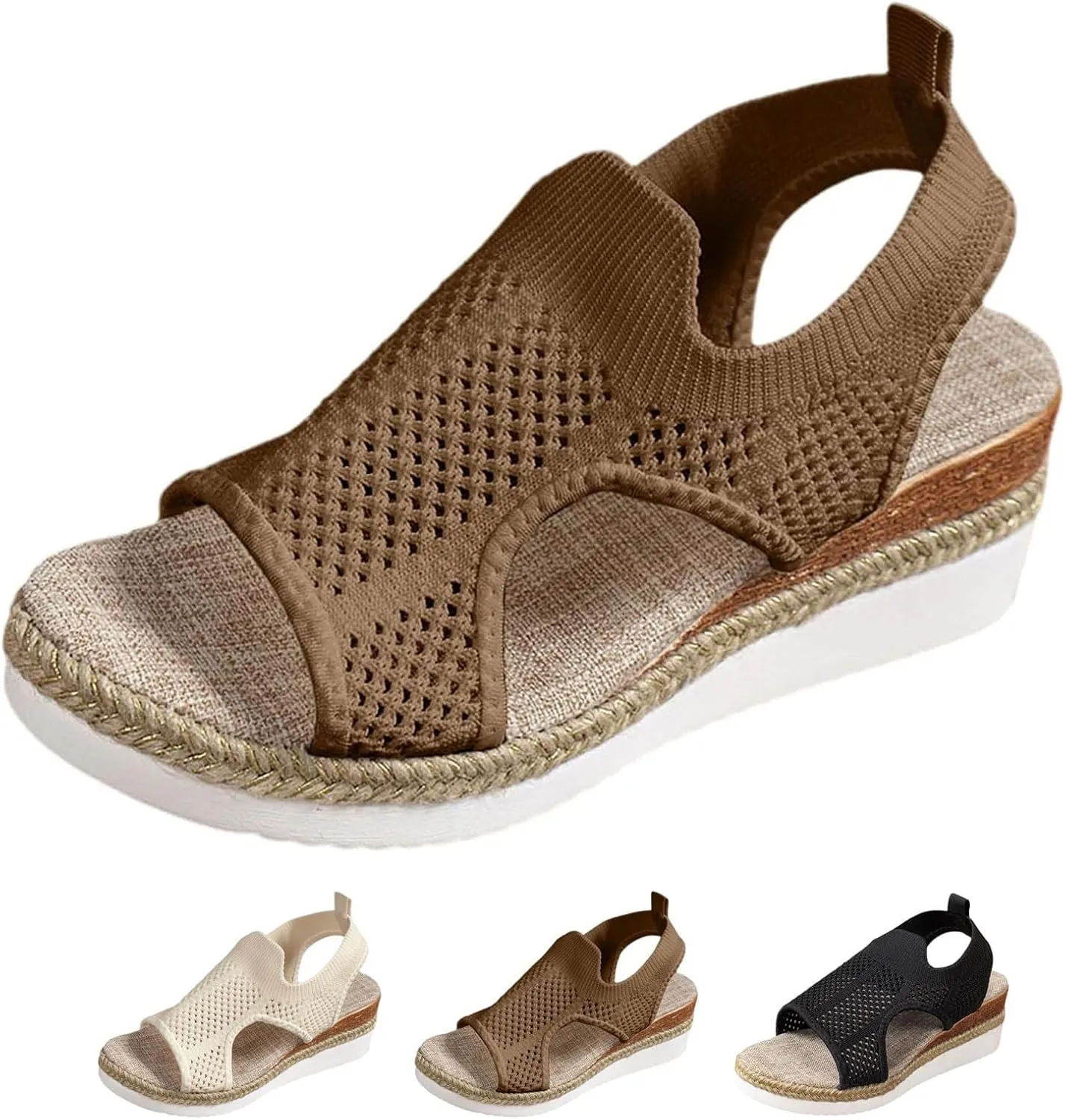 Wedge Sandals for Women Summer Orthopedic Sandals Fish Mouth Knit Mesh Open Toe Sandal, Ankle Strap Slip On Platform Shoes Casual Comfortable Platform Loafers
