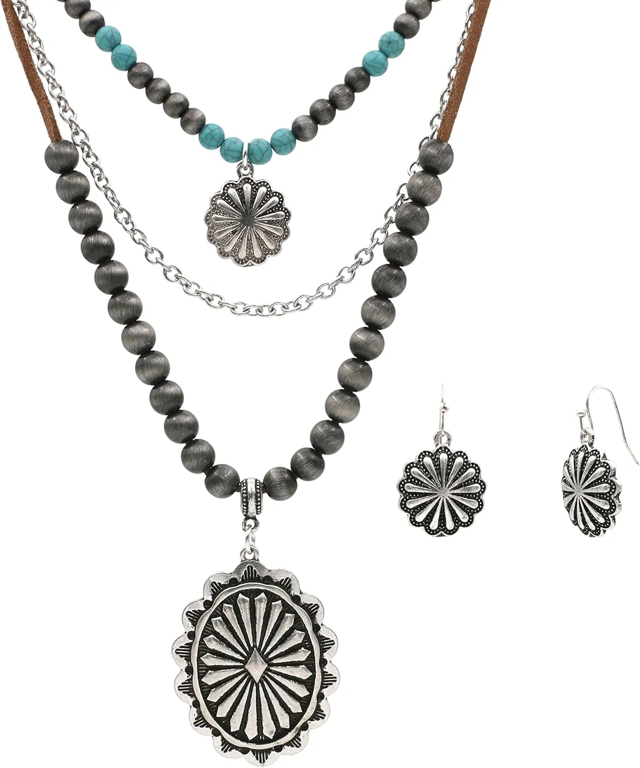 Western Style Concho Pendant Faux Navajo Pearl Turquoise Bead 3-Layer Necklaces and Floral Design Concho Earrings