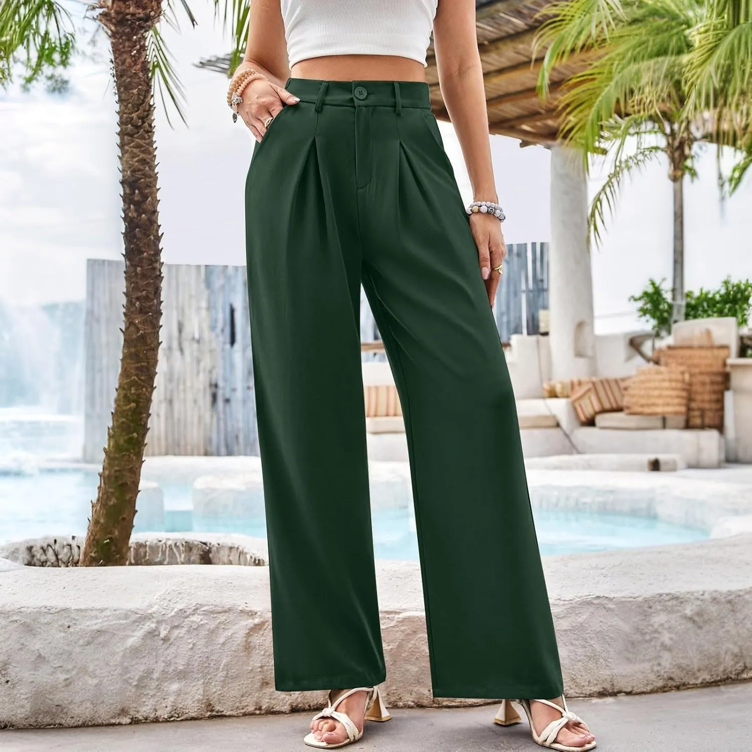 Wide Leg Pants for Women 2025 Work Business Casual High Waisted Dressy Pant Pleated Flowy Trousers Office with Pockets