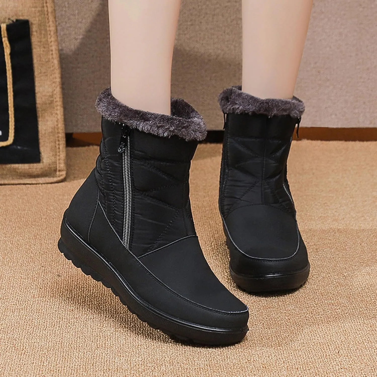 Winter Boots for Women Waterproof Warm Fur Lining Mid Calf Boots with Zipper Comfortable Outdoor Shoes