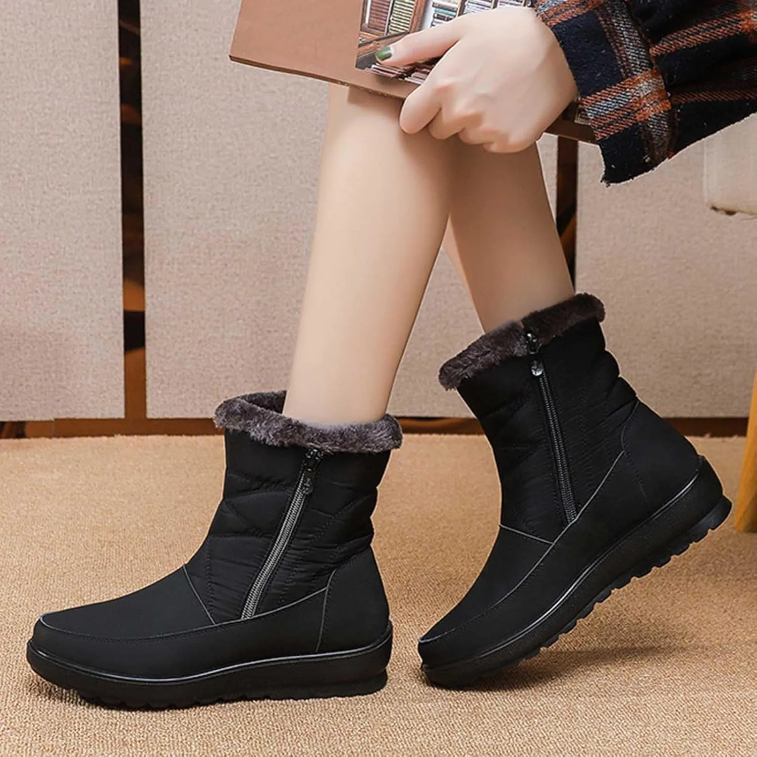 Winter Boots for Women Waterproof Warm Fur Lining Mid Calf Boots with Zipper Comfortable Outdoor Shoes