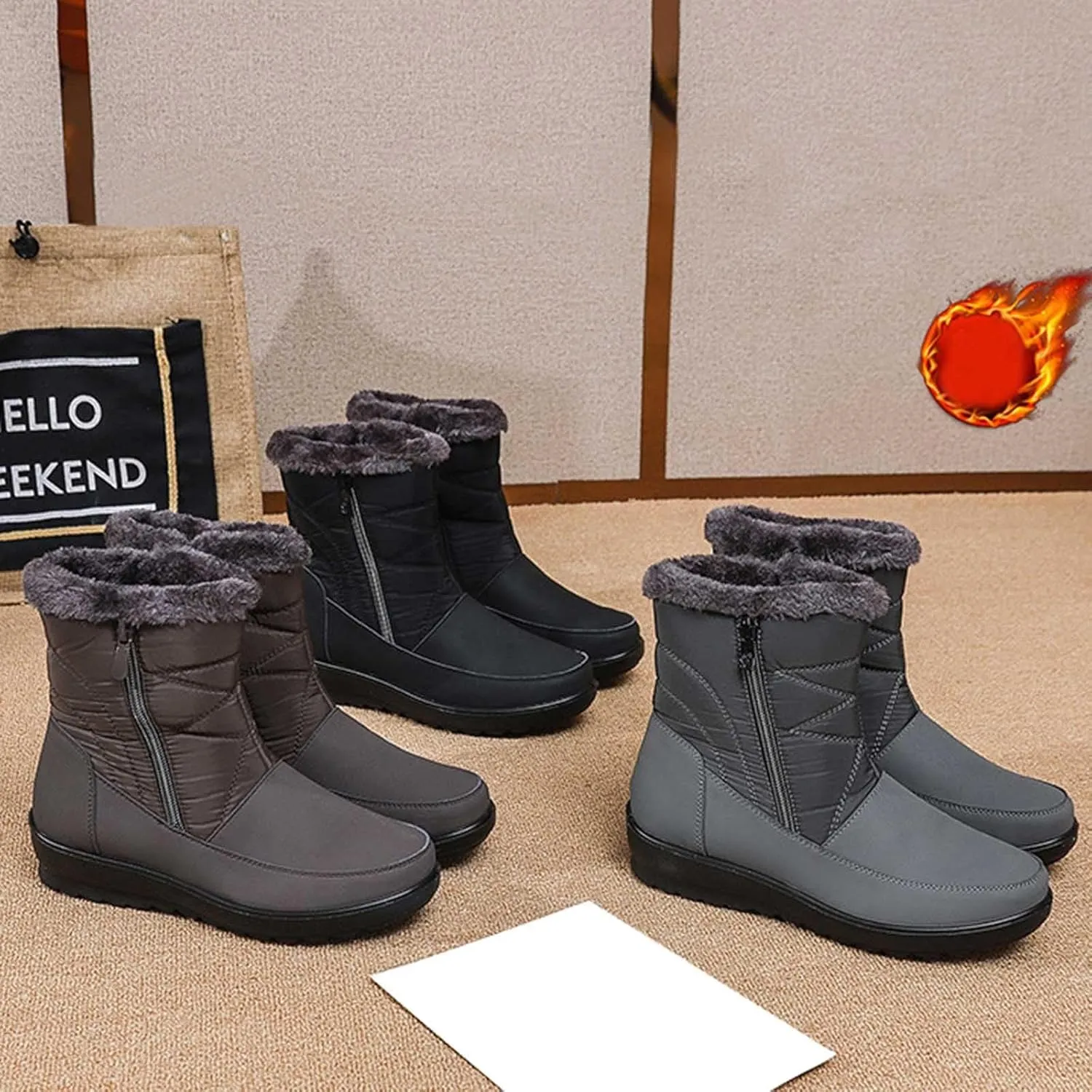 Winter Boots for Women Waterproof Warm Fur Lining Mid Calf Boots with Zipper Comfortable Outdoor Shoes