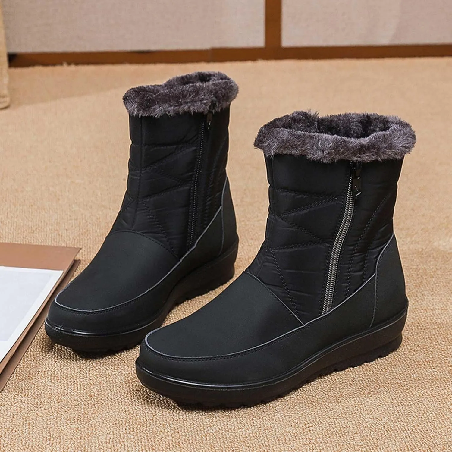 Winter Boots for Women Waterproof Warm Fur Lining Mid Calf Boots with Zipper Comfortable Outdoor Shoes