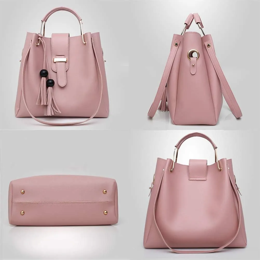 Women 3Pcs Set Bucket Bags PU Handbag Top Handle Shoulder Purse with Bead tassel