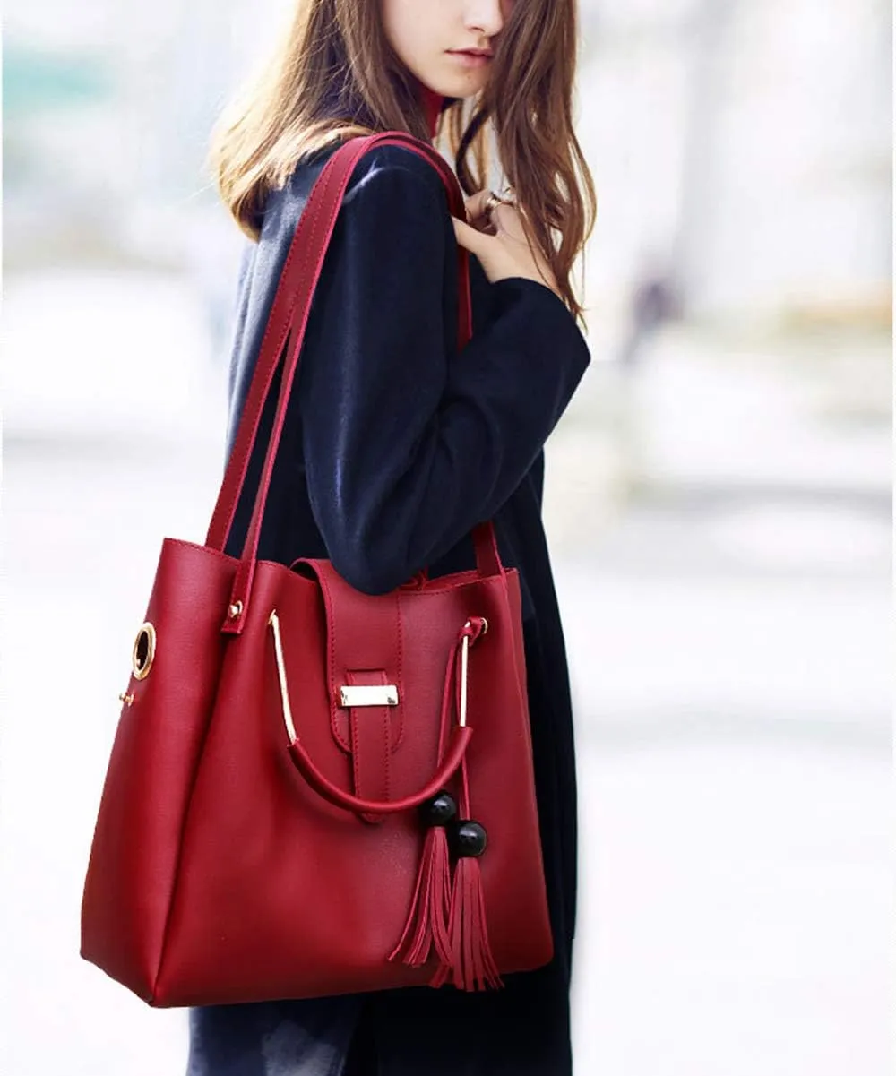 Women 3Pcs Set Bucket Bags PU Handbag Top Handle Shoulder Purse with Bead tassel