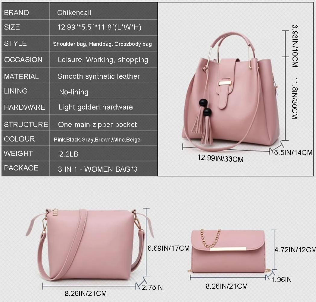 Women 3Pcs Set Bucket Bags PU Handbag Top Handle Shoulder Purse with Bead tassel