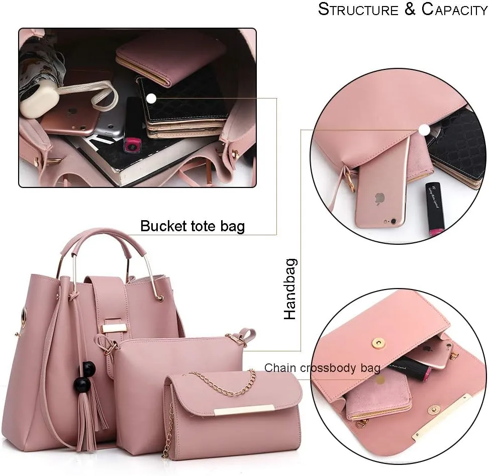 Women 3Pcs Set Bucket Bags PU Handbag Top Handle Shoulder Purse with Bead tassel