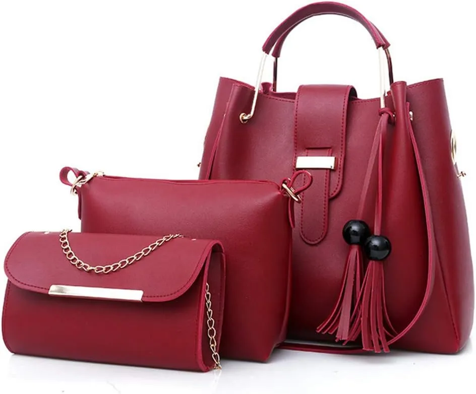 Women 3Pcs Set Bucket Bags PU Handbag Top Handle Shoulder Purse with Bead tassel