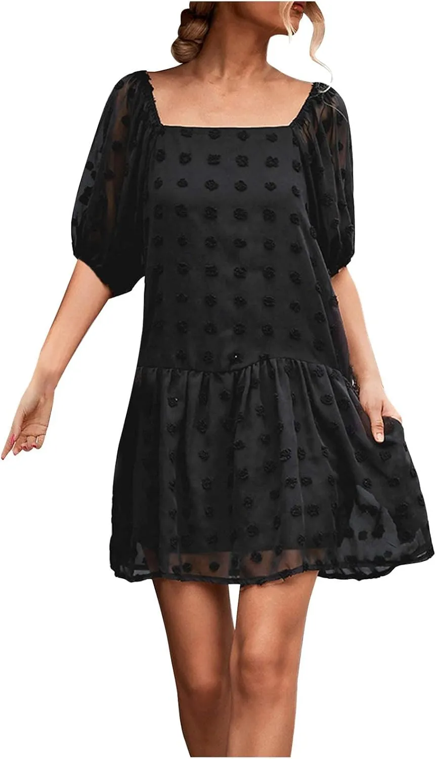 Women Boho Dress Short Puff Sleeve Square Neck Swiss Dot Ruffle Tiered Mini Dresses Summer Casual Loose Babydoll Dress