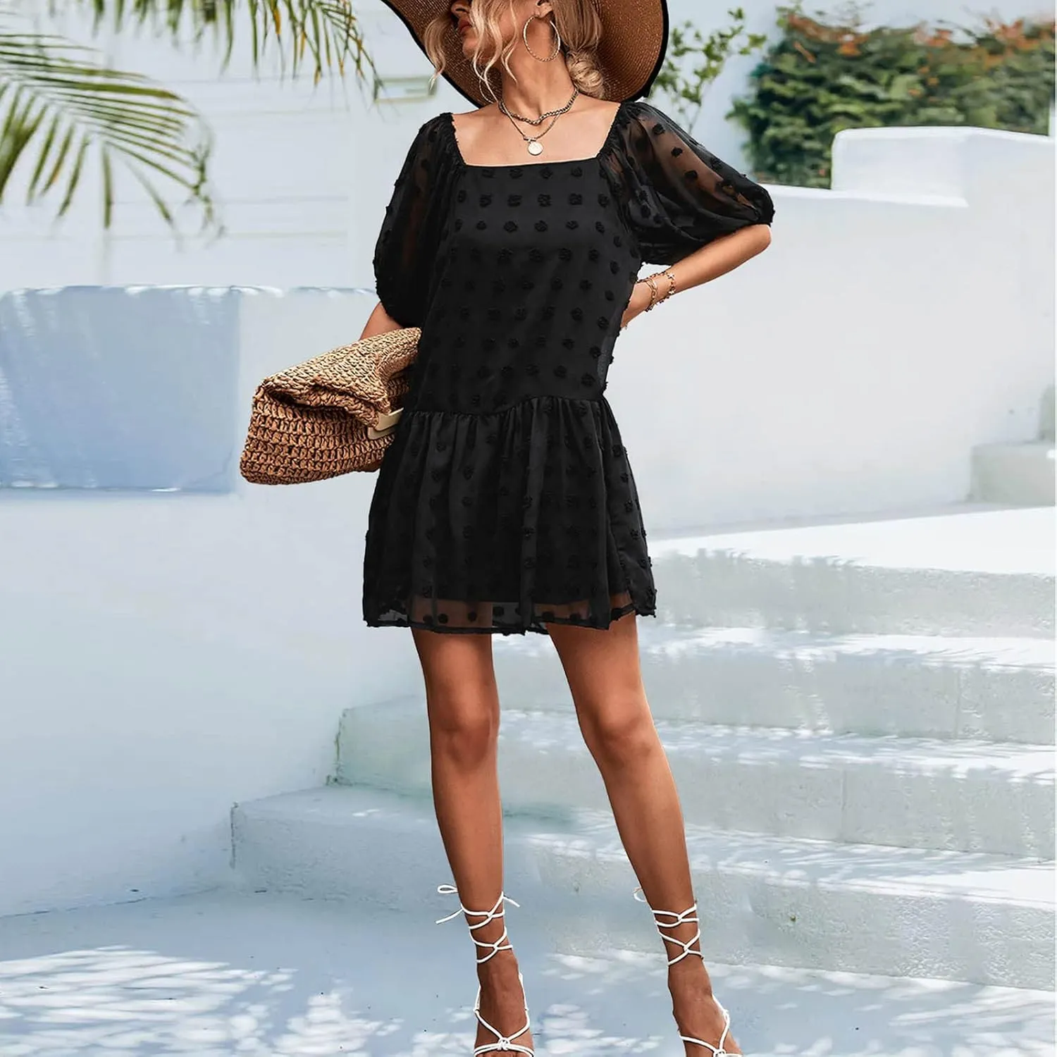 Women Boho Dress Short Puff Sleeve Square Neck Swiss Dot Ruffle Tiered Mini Dresses Summer Casual Loose Babydoll Dress