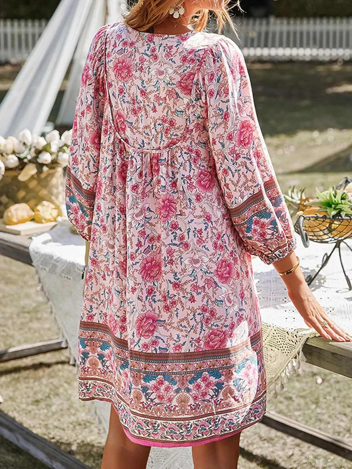 Women Casual Spring Summer Dresses V Neck 3/4 Long Sleeve Ruffle Floral Flowy Boho Babydoll Mini Short Beach Dress