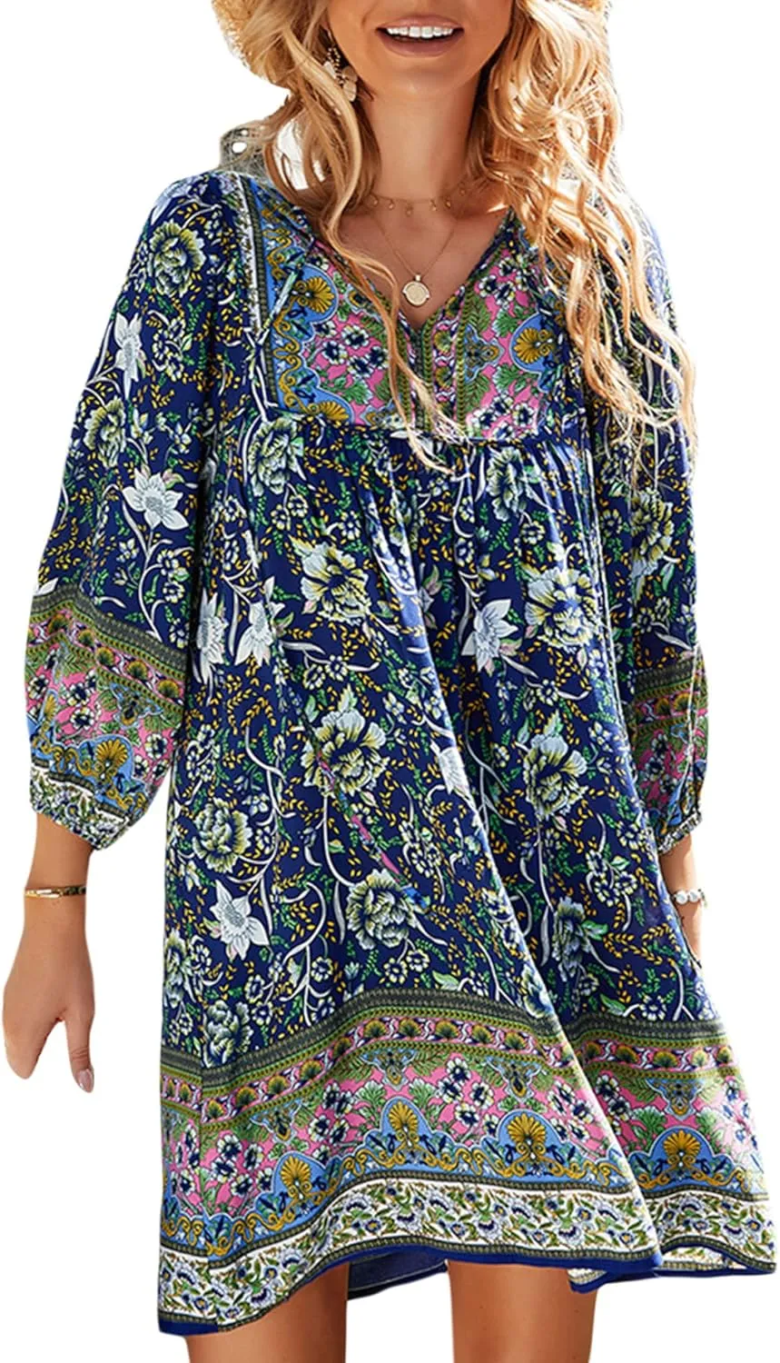 Women Casual Spring Summer Dresses V Neck 3/4 Long Sleeve Ruffle Floral Flowy Boho Babydoll Mini Short Beach Dress