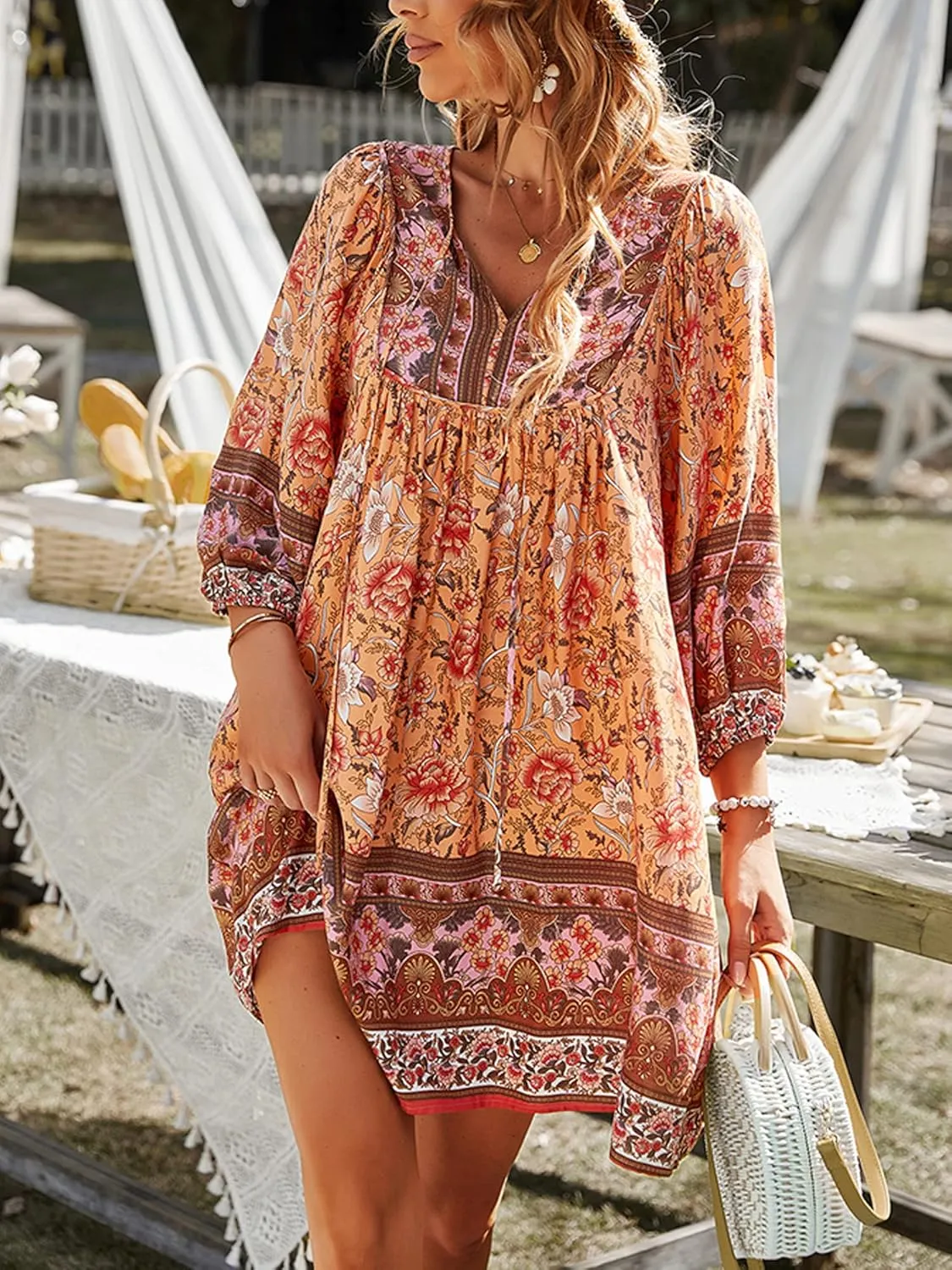 Women Casual Spring Summer Dresses V Neck 3/4 Long Sleeve Ruffle Floral Flowy Boho Babydoll Mini Short Beach Dress