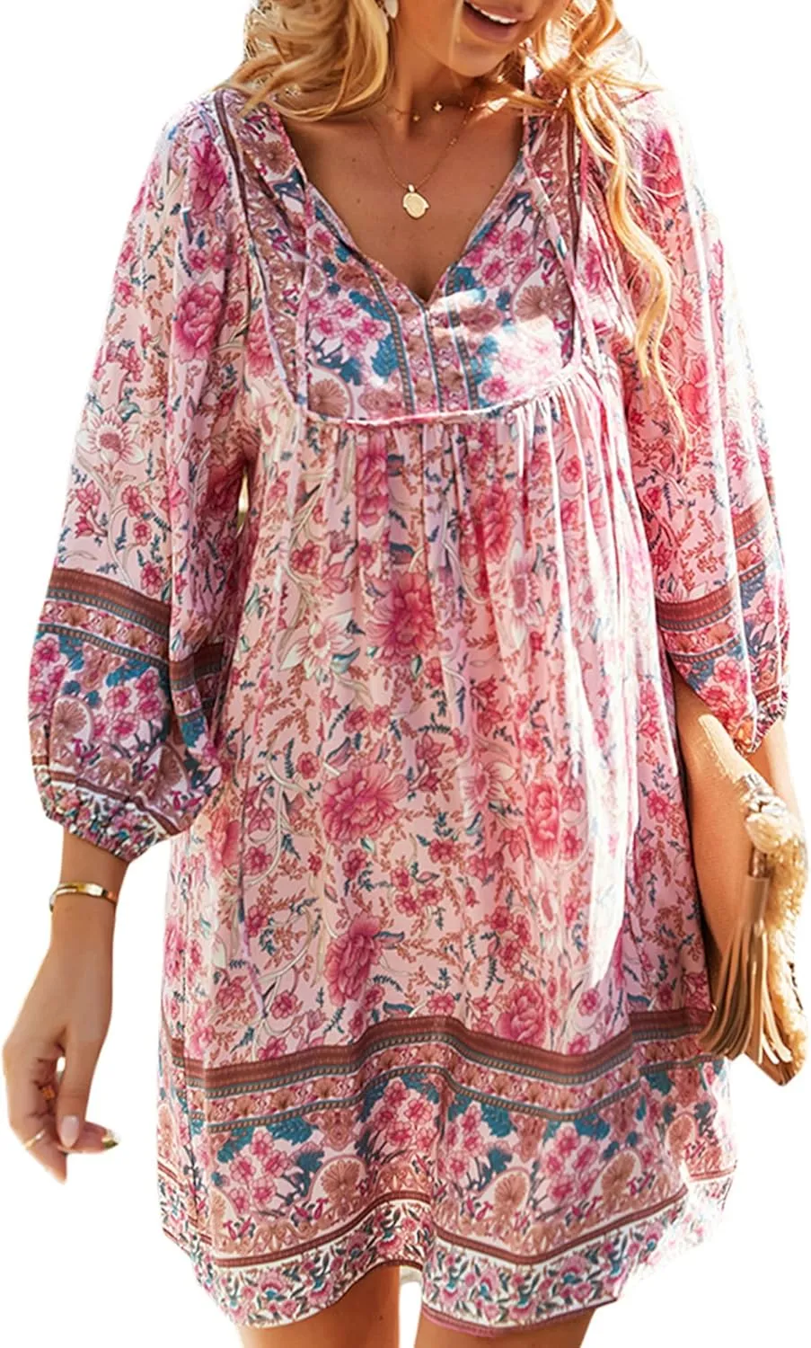 Women Casual Spring Summer Dresses V Neck 3/4 Long Sleeve Ruffle Floral Flowy Boho Babydoll Mini Short Beach Dress