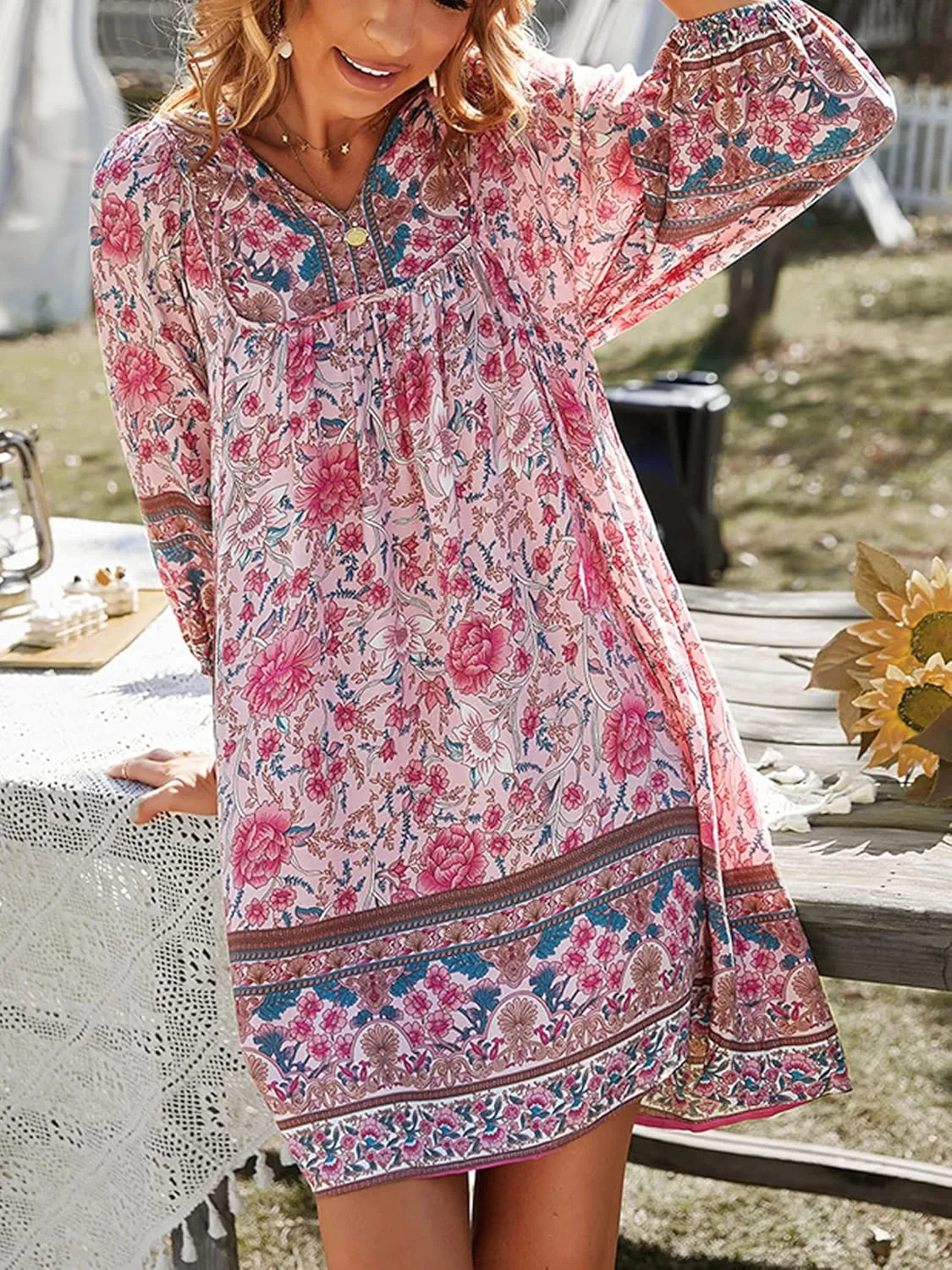 Women Casual Spring Summer Dresses V Neck 3/4 Long Sleeve Ruffle Floral Flowy Boho Babydoll Mini Short Beach Dress