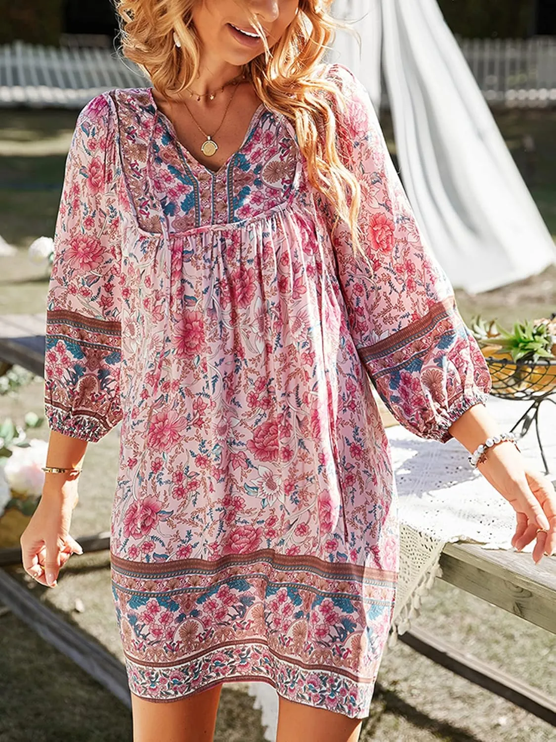 Women Casual Spring Summer Dresses V Neck 3/4 Long Sleeve Ruffle Floral Flowy Boho Babydoll Mini Short Beach Dress